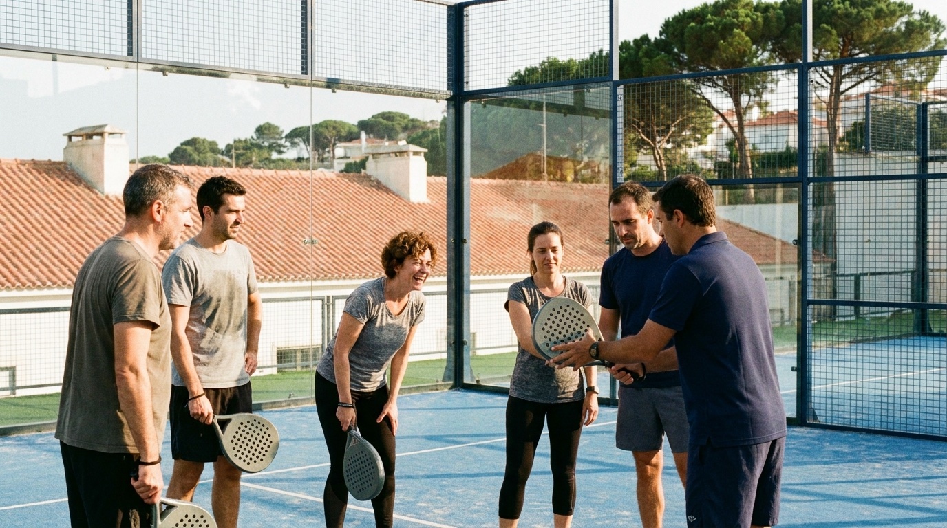 A group of padel players chatting on court before a game