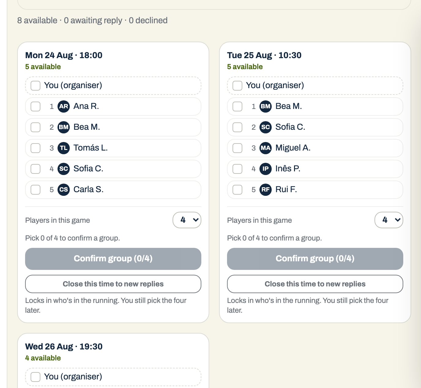 A blast board: a column per time, each listing who is available.